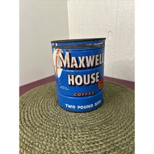 Vintage Maxwell House Coffee Keywind Tin Lithograph Can w/ Lid 2 Pounds  6.5"